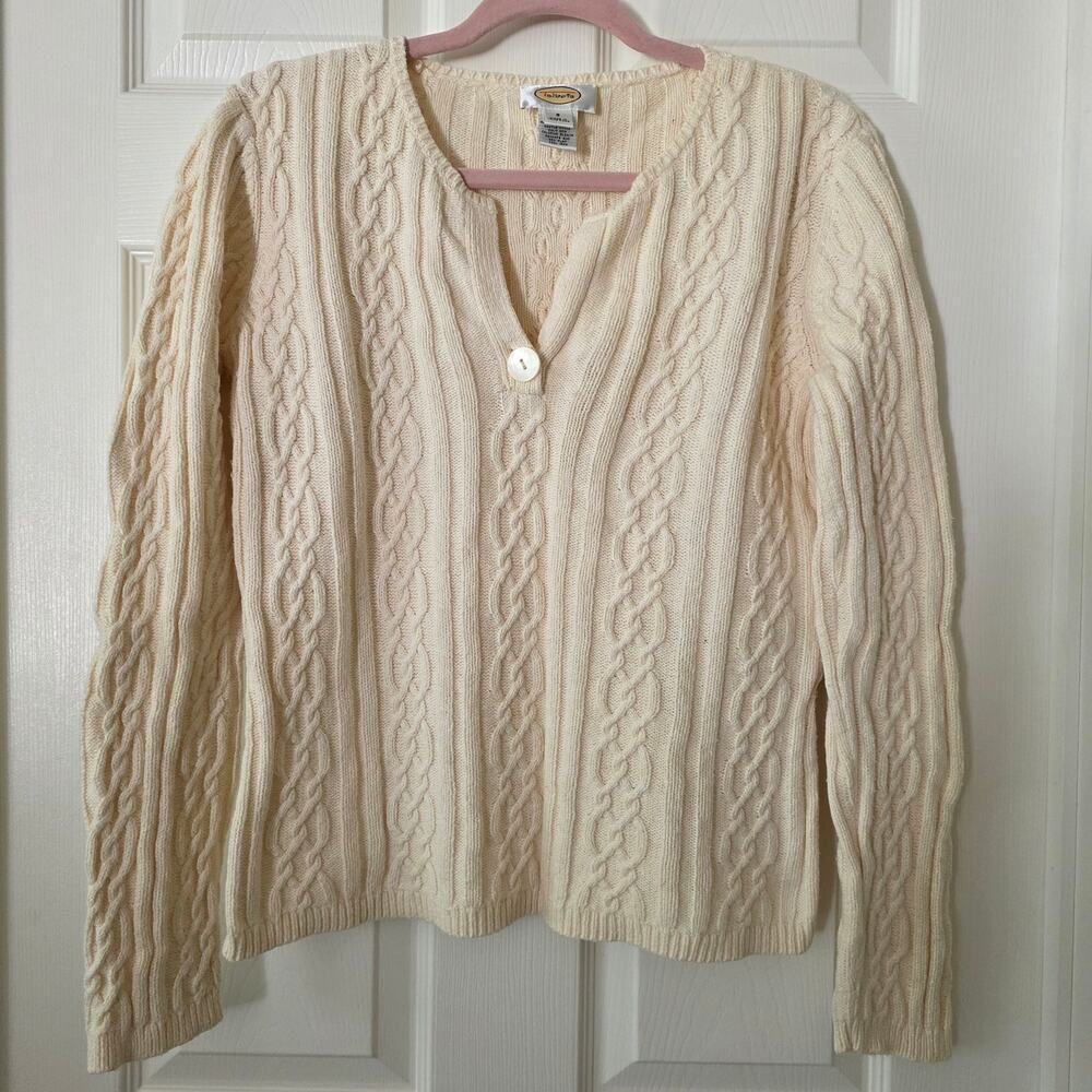 Talbots Cream Cable Knit V-Neck Single Button Sweater Size Small